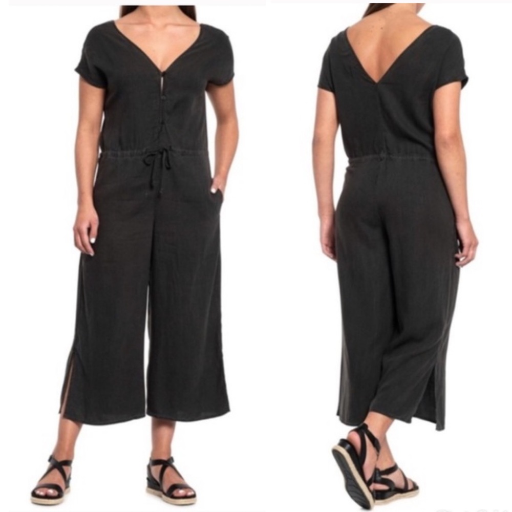 CLOTH & STONE Off Black 100% Linen Wide Leg Split Hem Drawstring Jumpsuit